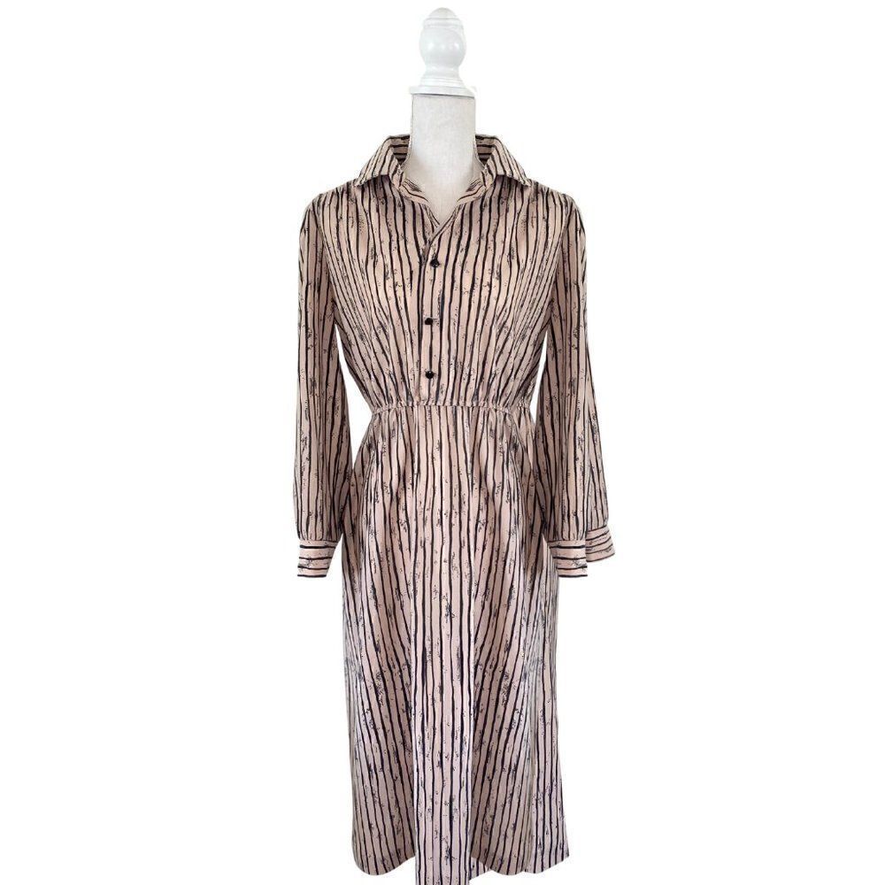 70s Vintage Rustic Stripe Mauve Button-down Dress